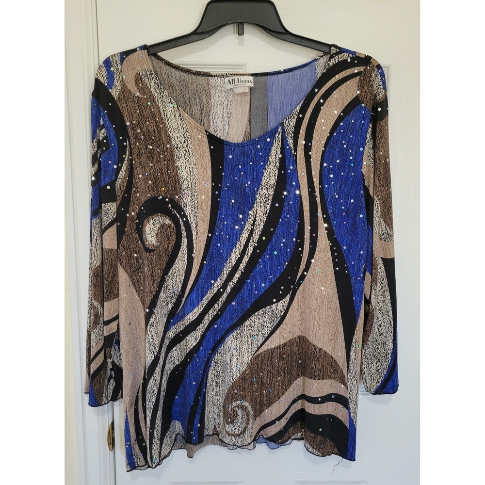 All Hours Abstract Swirl Rhinestone Top Blue Brown Black XXL 057-599 Made in USA